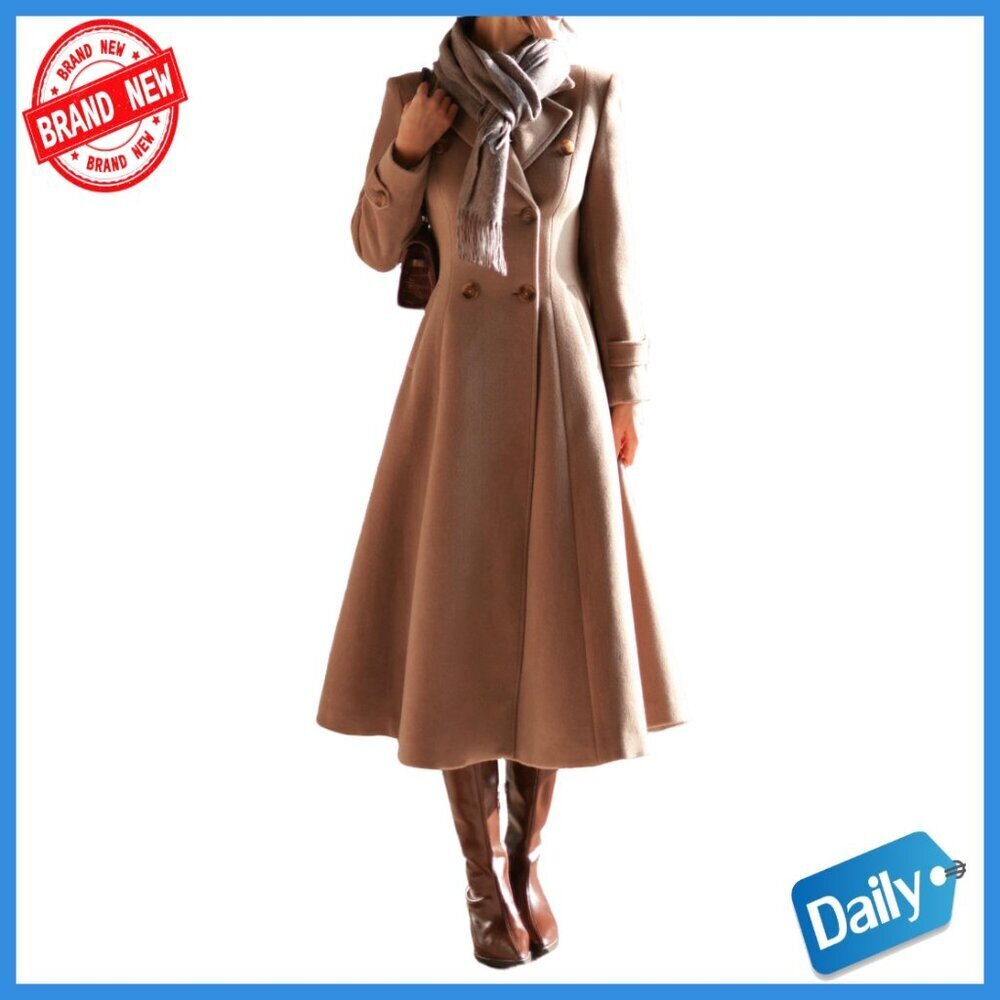 Long Wool Pea Coat Double Breasted Trench Slim Fit Winter Office Wear